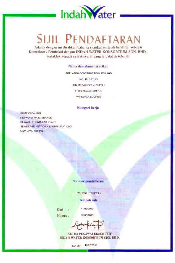 Indah Water Contractor Certificate
